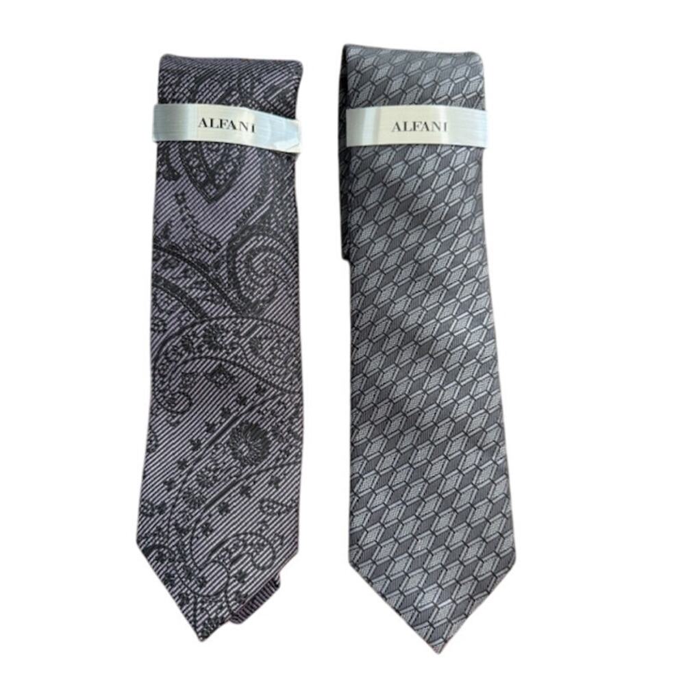Alfani Mens Set of 2 Printed Ties - Purple Paisley/Siver Geo - NWT